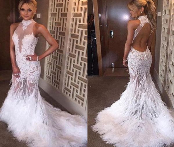 

custom made 2019 charming lace prom dresses backless mermaid style high neck lace appliques illusion feather evening party gowns1293347, Black