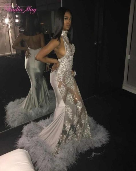 

silver high neck prom dresses sparkly crystal beaded see through evening gown plus size formal party gown wiith feathers5378600, Black