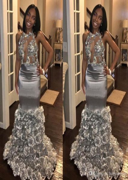 

black girls prom dresses mermaid silver formal evening gowns 3d floral skirt bling bling lace sequins african party gowns2880584, Black;red