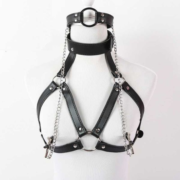 

toy massager faux leather lingerie breast binder bra and mouth gag with nipple clamps female body harness fetish restraint costume