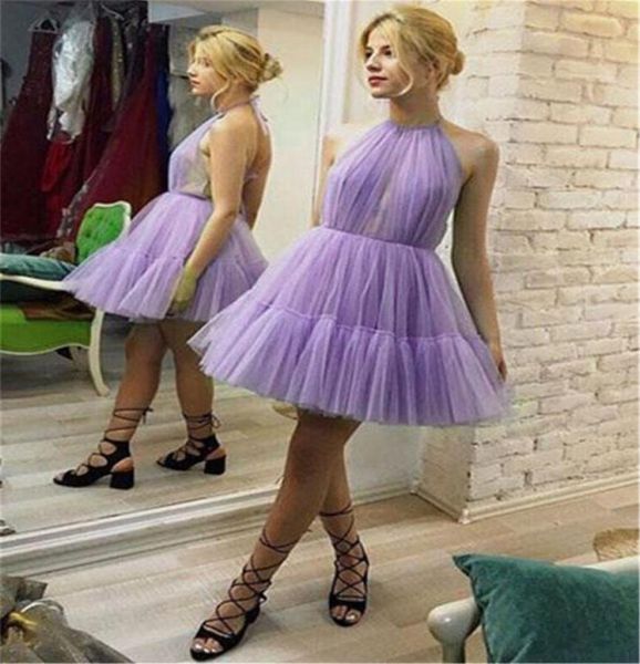 

2019 new lavender tulle short prom dresses halter backless puffy a line summer evening party gowns aline cocktail party dress6414415, Black