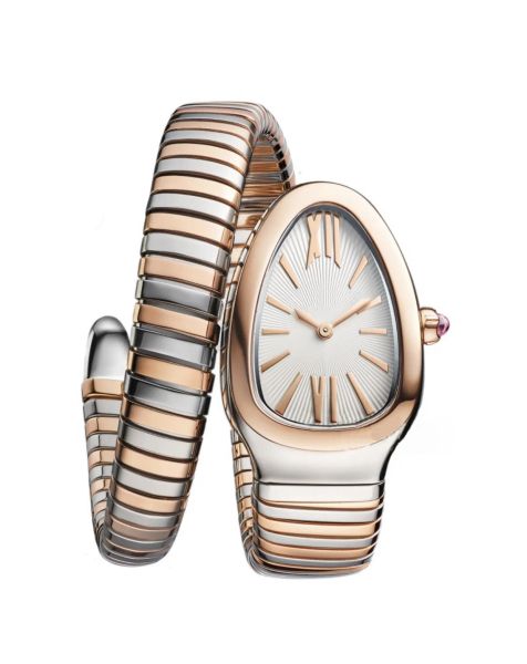 

women's watch, 32mm, stainless steel, double wound snake shaped, imported quartz movement, spring strap, small bracelet, Slivery;brown