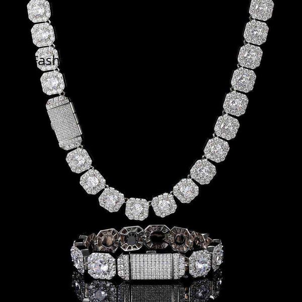 

hip hop vvs moissanite cuban link chain necklace men's lab grown diamond tennis bling necklace and bracelet set women 18k gold, Silver