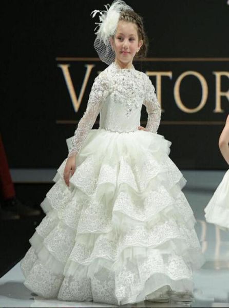 

white princess girls pageant gowns long sleeves lace tiered flower girl dresses for wedding baby girls birthday party dress custom4381391, White;red