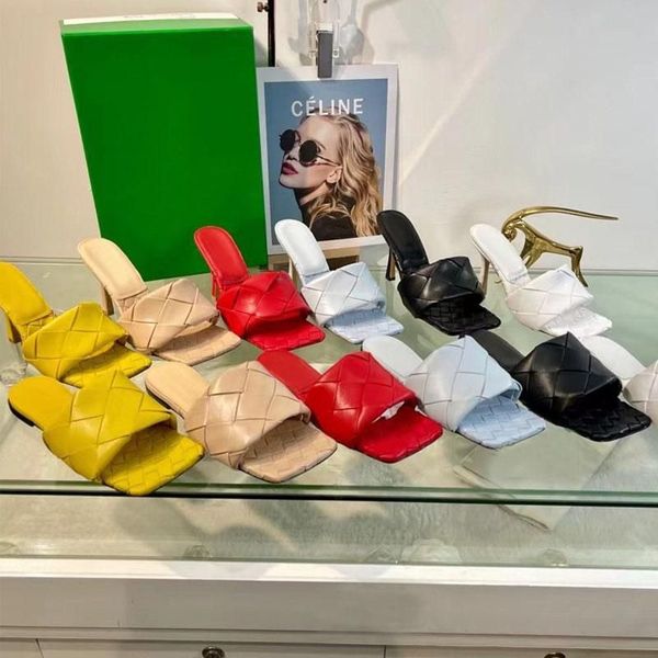 

beach slipper women half slippers woman shoe lazy sandals high heeled shoes classic designer leather thin heels cowhide weave slides large s, Black