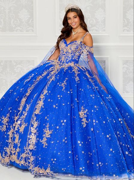

royal blue glitter embroidered quinceanera dresses with cape sleeve off shoulder lace-up corset prom vestido 15 anos preto, Blue;red
