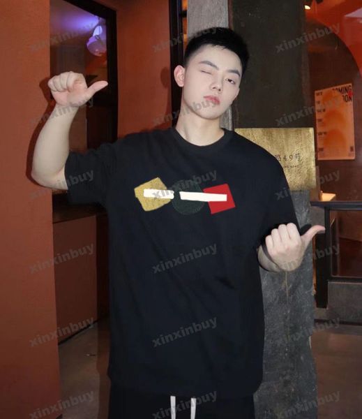 

xinxinbuy men designer tee t shirt 23ss chest letter flower embroidery short sleeve cotton women black white apricot xs-2xl, Black;brown