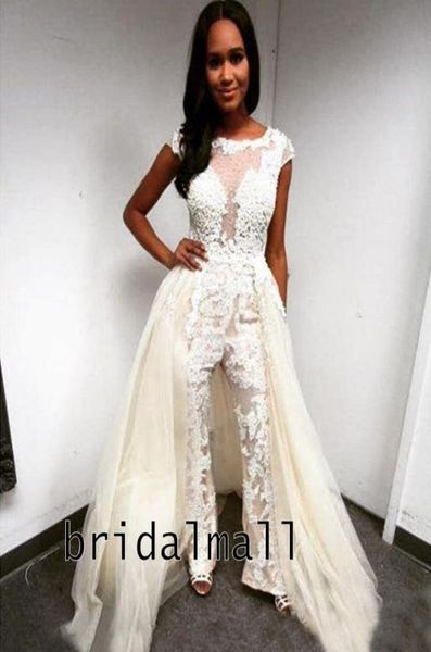

women jumpsuits white appliqued lace mermaid wedding dresses detachable train bridal gowns ivory tulle bride dress overskirt robe 5047845
