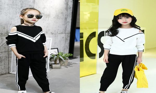 

2019 new fashion teen kids girls stripe tracksuit off shoulder pants sports suits outfits children clothes suits5616110, White