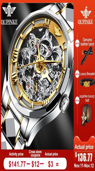 

oupinke mens automatic mechanical watches luxury business tungsten steel waterproof wristwatch men fashion clock diver watch3084973, Slivery;black
