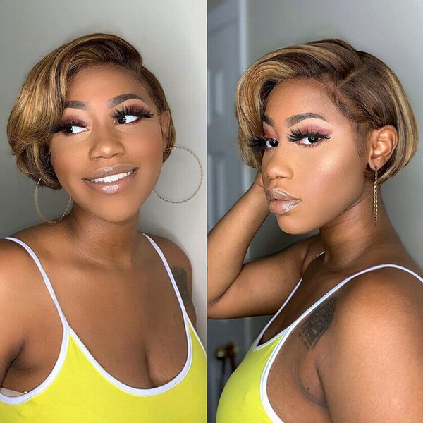

synthetic s pixie cut short bob 13x4 lace human hair highlight color transparent front for women 427 straight brazilian 230629, Black
