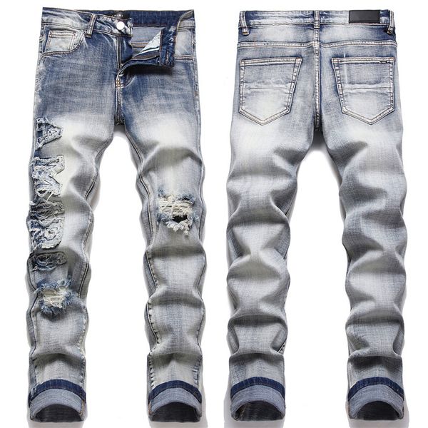 

men ripped fade vintage relaxed jeans slim fit 5 pockets, Blue