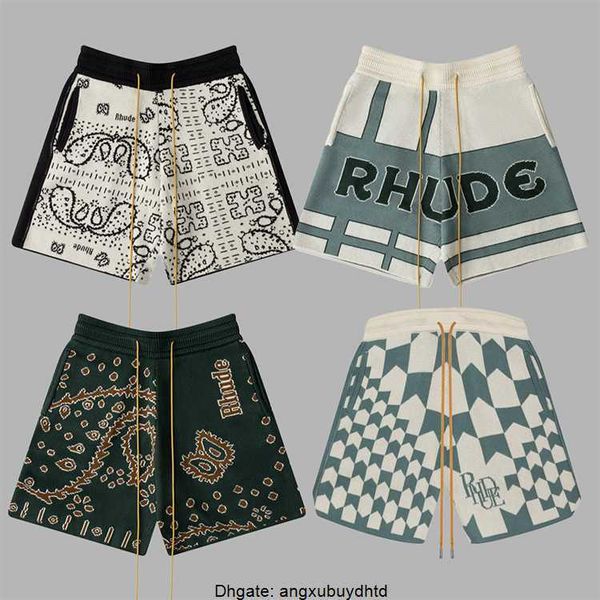 

rhude men's shorts color block letter knitted jacquard drawstring shorts american plaid cashew flower casual capris, White;black