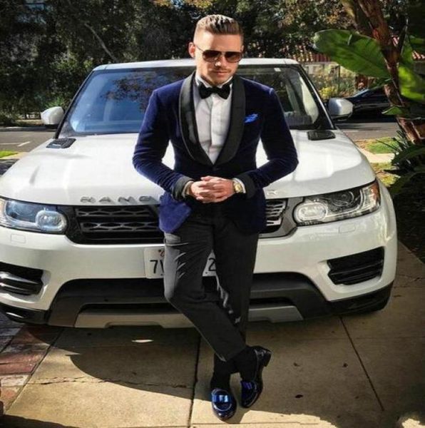 

one button dark blue velvet wedding groom tuxedos shawl lapel groomsmen mens dinner blazer suits jacketpantstie n8962141, Black;gray