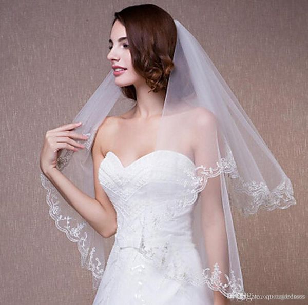 

new in stock elbow length 2 layers bridal veil with lace applique tulle wedding veils ivory white for wedding events online5455316, Black