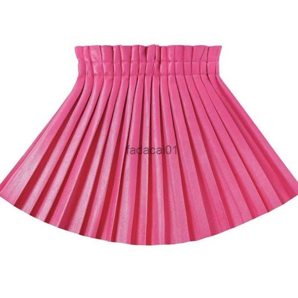 

214y pleated pu leather skirt for girls fashion solid pink mini skirt dent summer elastic waist korean girls faldas 2022 l230621, Black