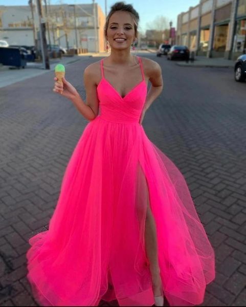 

2023 prom dresses a line v neck pink tulle spaghetti straps long tulle formal evening party gown side slit graduation dre3226010, Black
