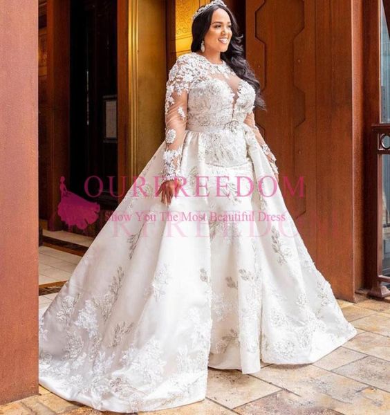 

2020 plus size mermaid lace wedding gowns dress with detachable train beaded long sleeves bride dress tulle vestido de noiva5710822, White