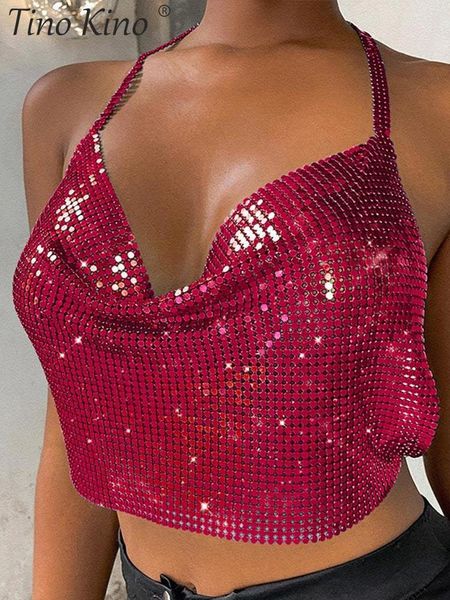 

women's tanks camis glitter metal halter chain crop women hollow out backless vest female corset sleeveless night club 230628, White