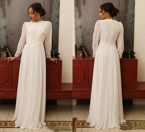 

vintage chiffon aline wedding dresses puffy long sleeves high neck appliques lace floor length bridal gowns formal dress custom m9805293, White