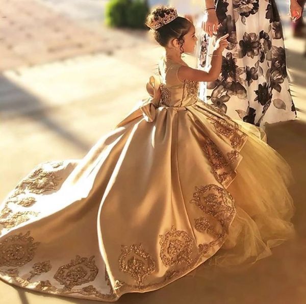 

gold first communion dresses kids evening ball gown gold applique bow long girls pageant dress lace tulle wedding flower girls dre8724874, White;blue