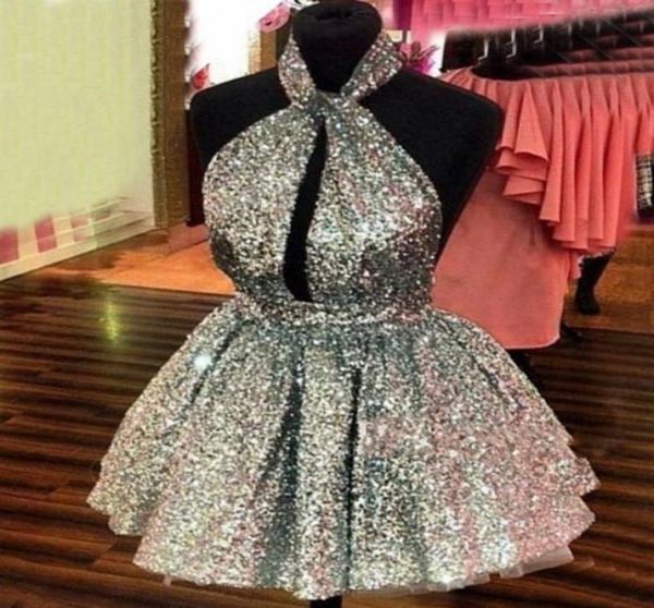 

sparkly silver sequined homecoming dresses 20162017 halter backless short prom dresses hollow front formal party dresses che8466716, Blue;pink