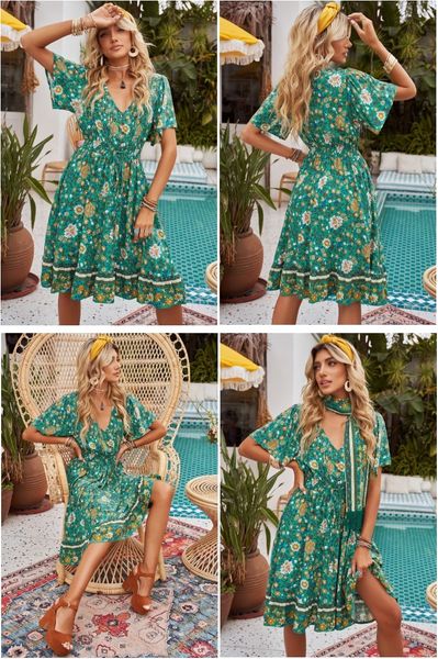 

chic floral print short sleeve dress for women in boho style, Black;gray