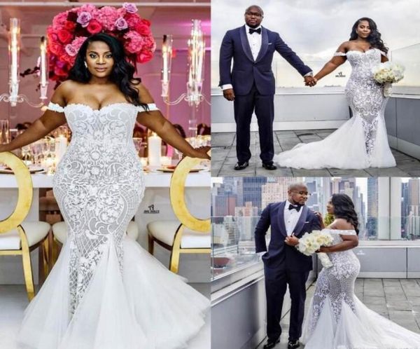 

mermaid wedding dresses modest plus size off shoulder trumpet bridal gowns sweep train tulle lace african wedding dress custom mad1447806, White