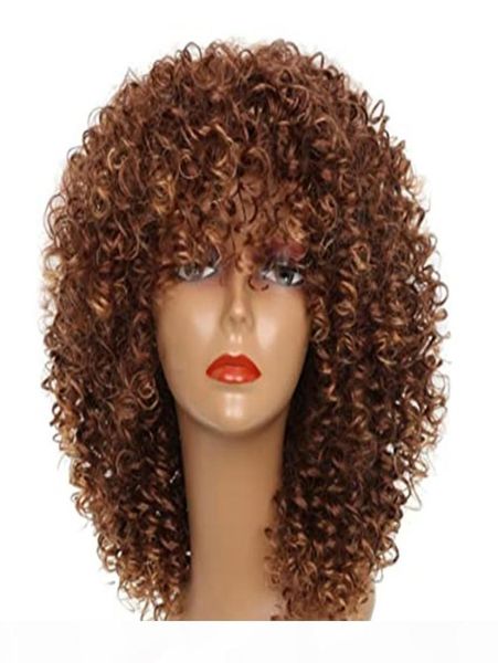 

curly wig with bang fringe for black women short brazilian hair 12 inches brown human african hair with wig cap 150 density5644093, Black;brown