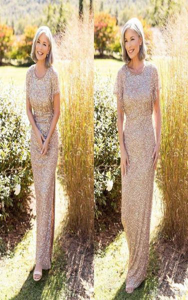 

elegant champagne mother of the bride dresses short sleeves lace sequined side split formal evening dresses wedding guest dresses3560528, Black;red