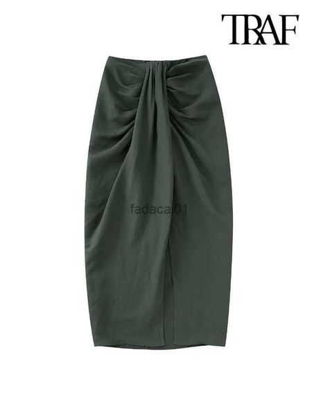 

traf women fashion front knot with pleats linen midi skirt vintage high waist back zipper female skirts mujer l230621, Black