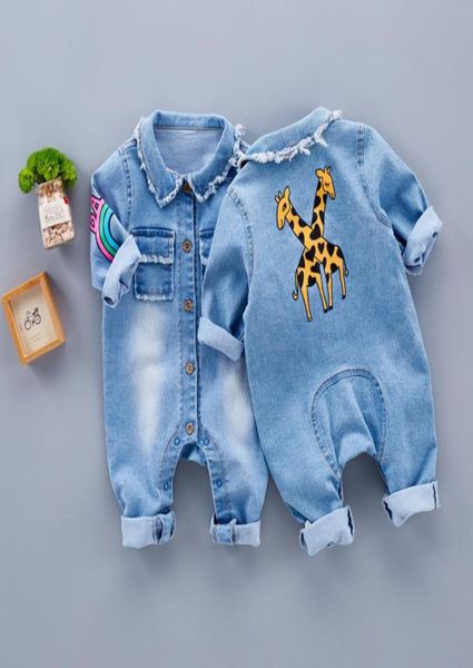 

spring baby toddler long sleeve lapel collar denim jeans giraffe rainbow pattern rompers kids infant jumpsuits roupas de bebe ly086427032, White