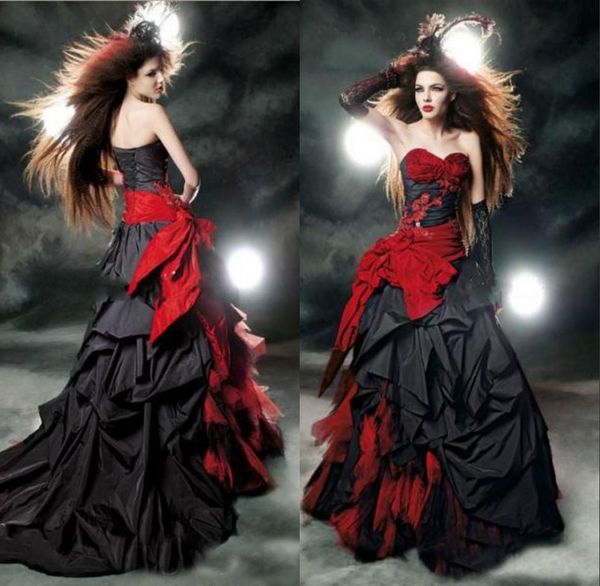 

2018 gothic black and red a line ruffles wedding dresses sweetheart sleeveless corset modest bridal gowns taffeta bow back1132756, White