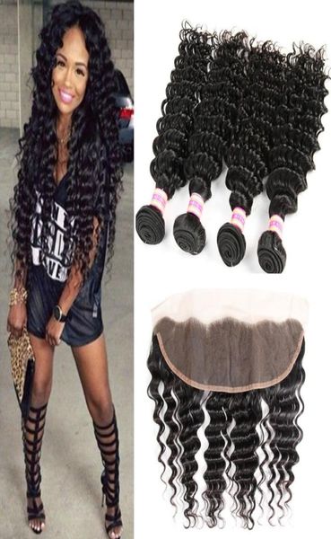 

13x4 ear to ear full lace frontal brazilian virgin human hair deep wave with closure 3 4 bundles with lace frontal closure9463186, Black