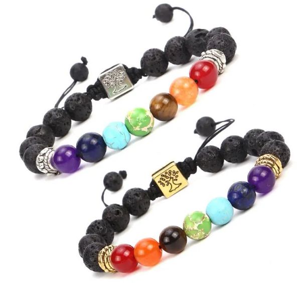 

yoga handmade 7 chakra tree of life beaded strands charm bracelets lava stones multicolor beads rope bracelet women men bracelets bangles, Black