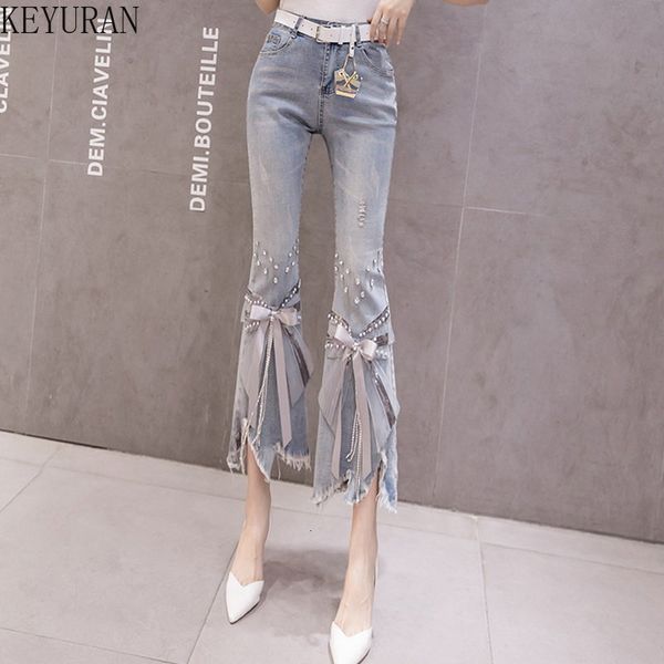 

women's jeans high waist women ripped cropped 2023 spring summer irregular beaded bow flared denim pants ladies 230630, Blue