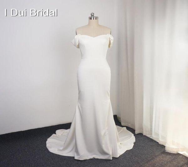 

simple satin wedding dress sheath pure bridal gown off the shoulder spandex material court train3803993, White