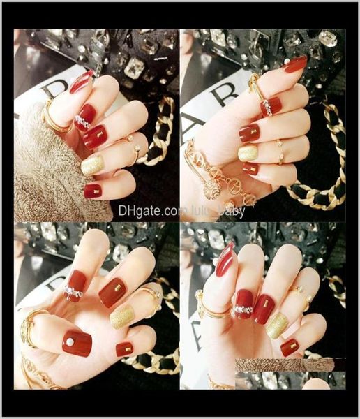 

24pcsset press on manicure gel polish nail art short length artificial extension 1upbf kib0x6777537, Red;gold