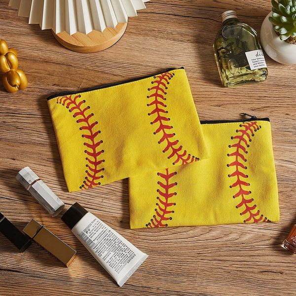 

50pcs baseball cosmetic bags women canvas large capacity square white yellow makeup bag