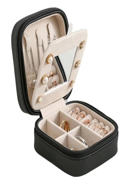 

mirrored zippered jewelry box earring ring storage case display holder girly plot 2111051580574, Black