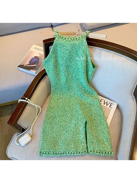 

basic casual dresses 2023 spring women green wave knitted sleeveless vest dress summer fashion elegant slim fit party female clothing 230629, Black;gray
