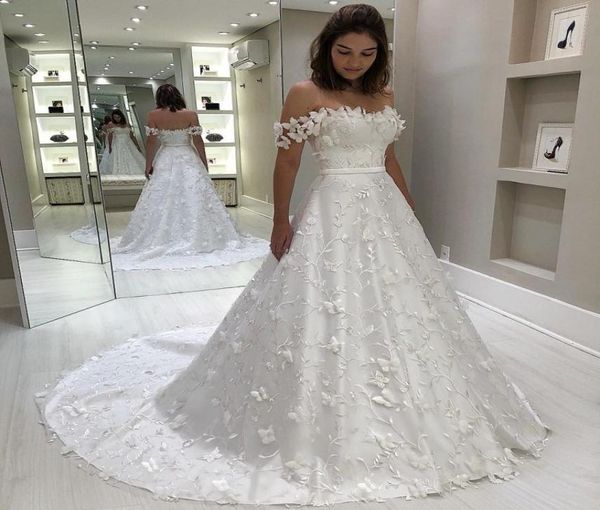 

elegant a line lace wedding dresses off the shoulder butterfly appliqued bridal gowns plus size sweep train boho vestido de novia8698244, White