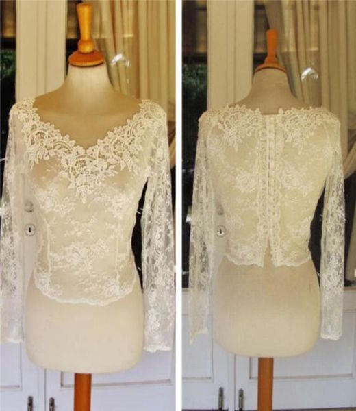 

2019 bridal wraps modest lace crew neck sheath wedding bridal bolero for wedding dresses long sleeve lace applique jacket1434812, White