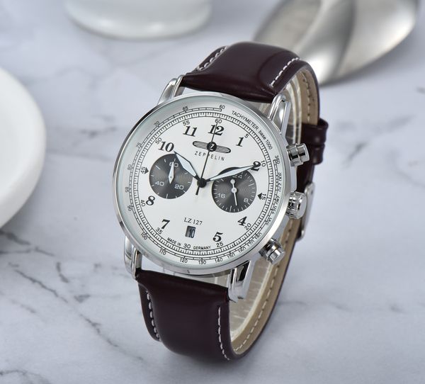 

style new zeppelin watch fashion three eyes running second multifunctional chronograph leather business quartz watch watch chrono, Slivery;brown