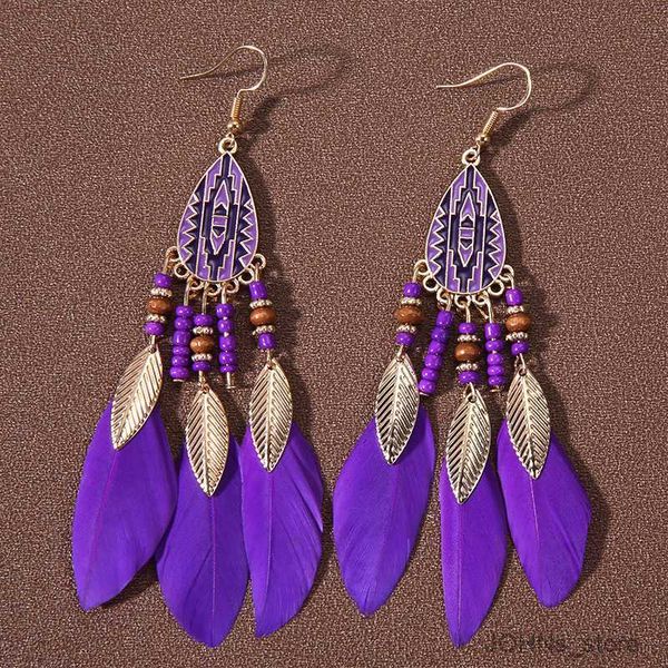 

stud fashion ethnic women's long feather earrings drop glaze wood beads earring female wedding vacation jewelry r230630, Golden;silver