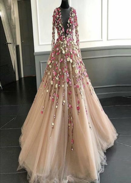 

chic champagne ball gown prom dresses jewel neck illusion long sleeve embroidery appliques evening dress tiered tulle party gowns1711379, Black