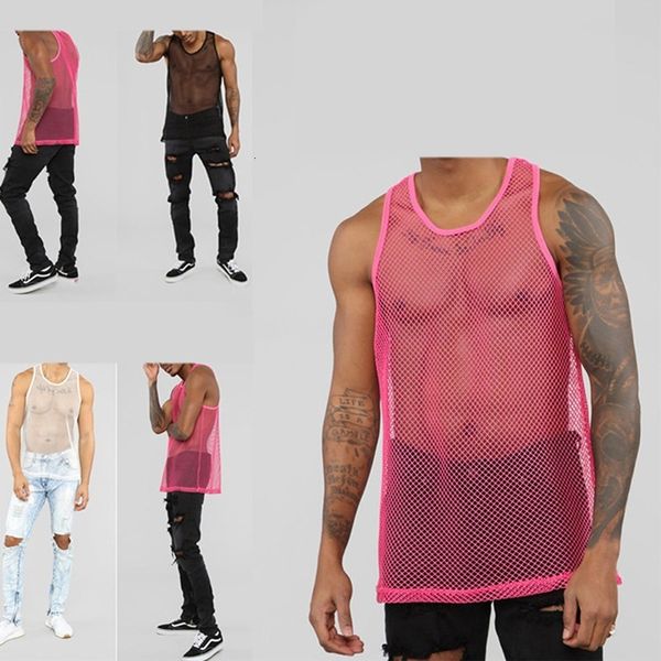 

men's t-shirts men tshirt sleeveless mesh sheer tank vest outwear gym training vest fish net hollow out see through sporting clothing, White;black