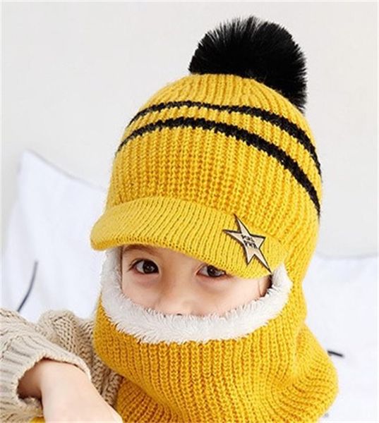 

knitting kids keep warm hat child plush neck guard scarf winter windbreak hairball stripe thick peaked cap 13 9jh f27015457, White
