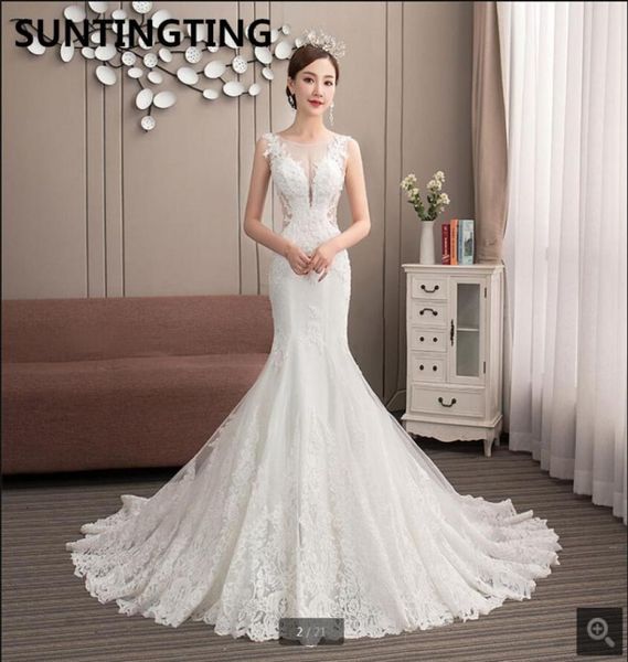 

2020 new arrival long white lace mermaid wedding dress beaded appliques sleeveless sheer back bridal gowns court train s3073918