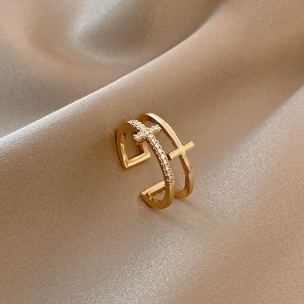 

cluster rings fashion double layer cross zircon ring for women gold silver color adjustable finger bling korean elegant jewelry gift 230630, Golden;silver